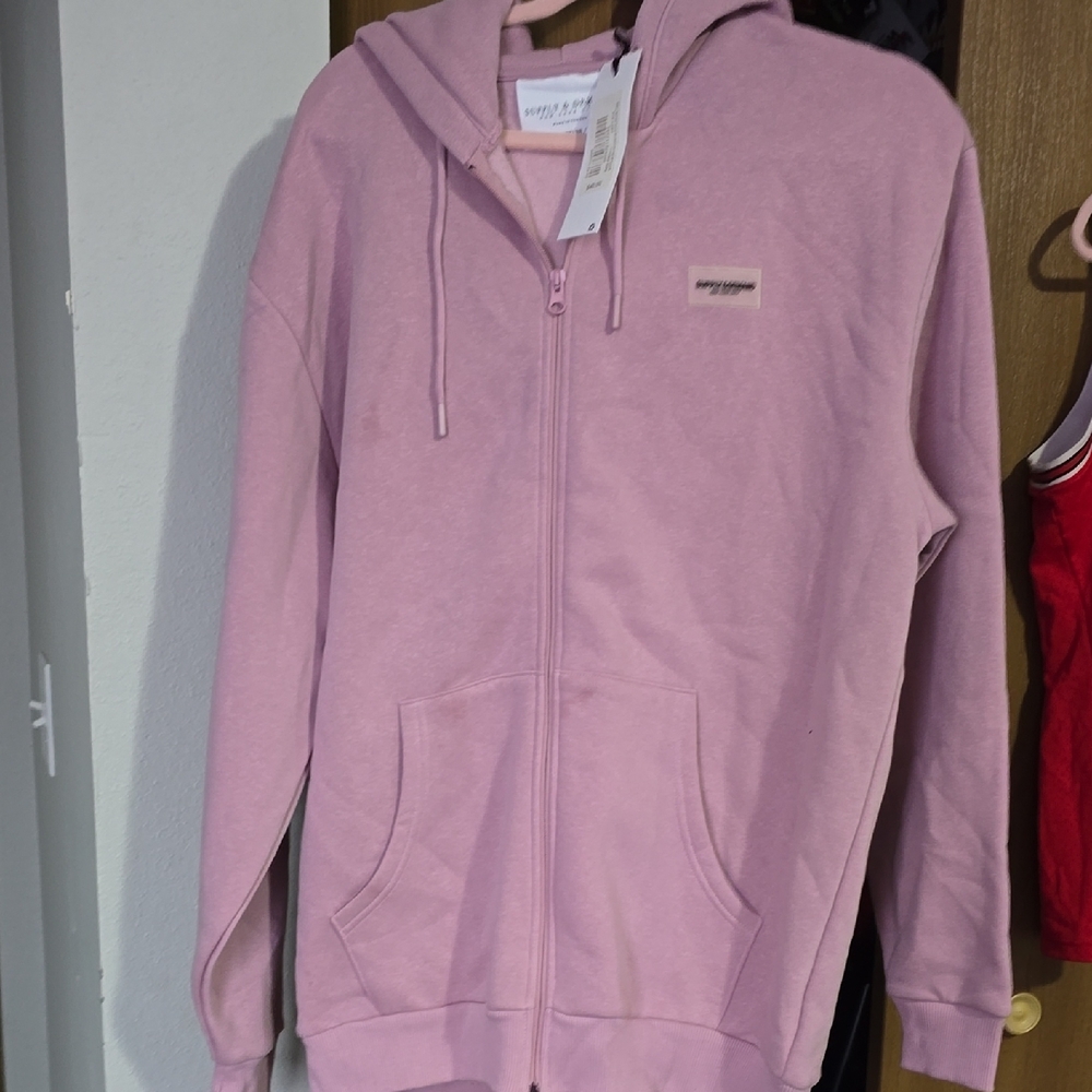Pink Zip-Up Hoodie Jacket with Relaxed Fit and Ribbed Cuffs